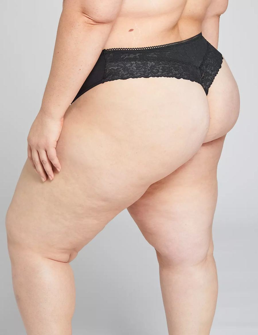 Lane Bryant Cotton With Lace Back Women Thong Panty Black | NRS3128CM