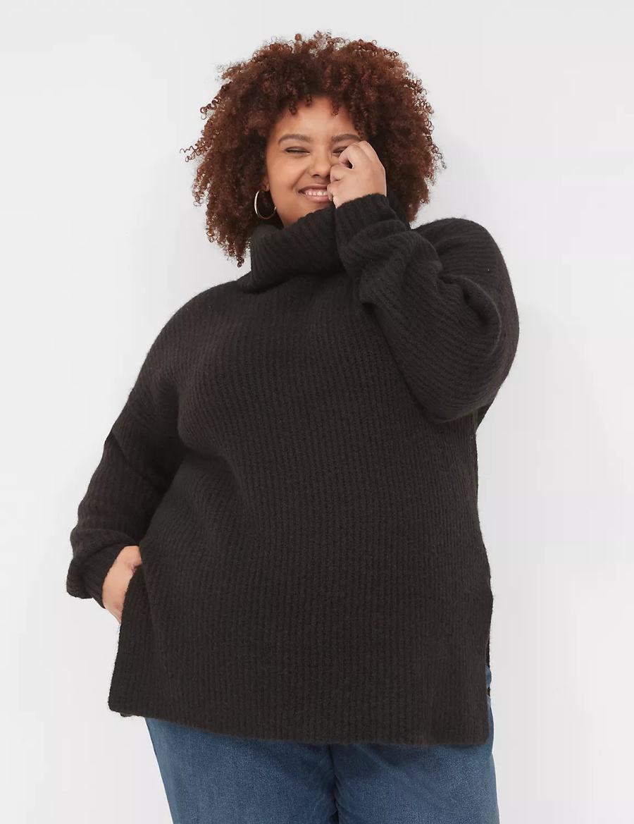 Lane Bryant Cowlneck Ribbed Long Women Sweaters Black | TSI930SQ