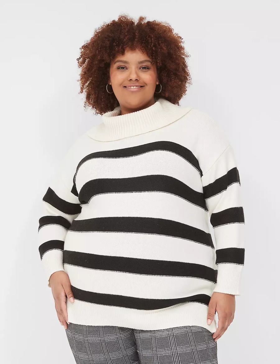 Lane Bryant Cowlneck Stripe Tunic Women Sweaters Cream Black | KOM7132GS