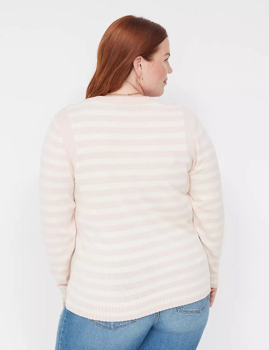 Lane Bryant Crew-Neck Button-Shoulder Stripe Women Sweaters Coral | IWJ3785YN