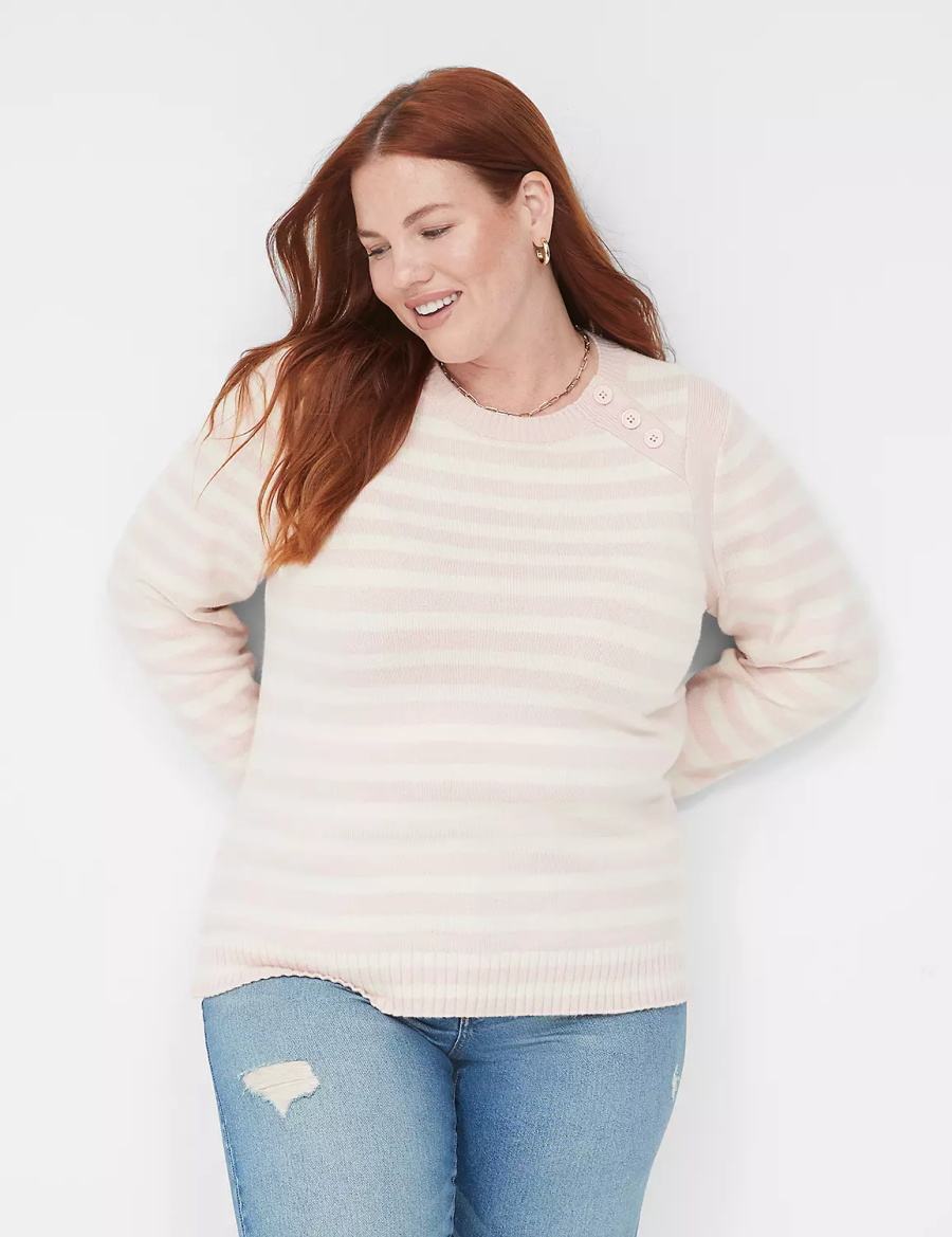 Lane Bryant Crew-Neck Button-Shoulder Stripe Women Sweaters Coral | IWJ3785YN