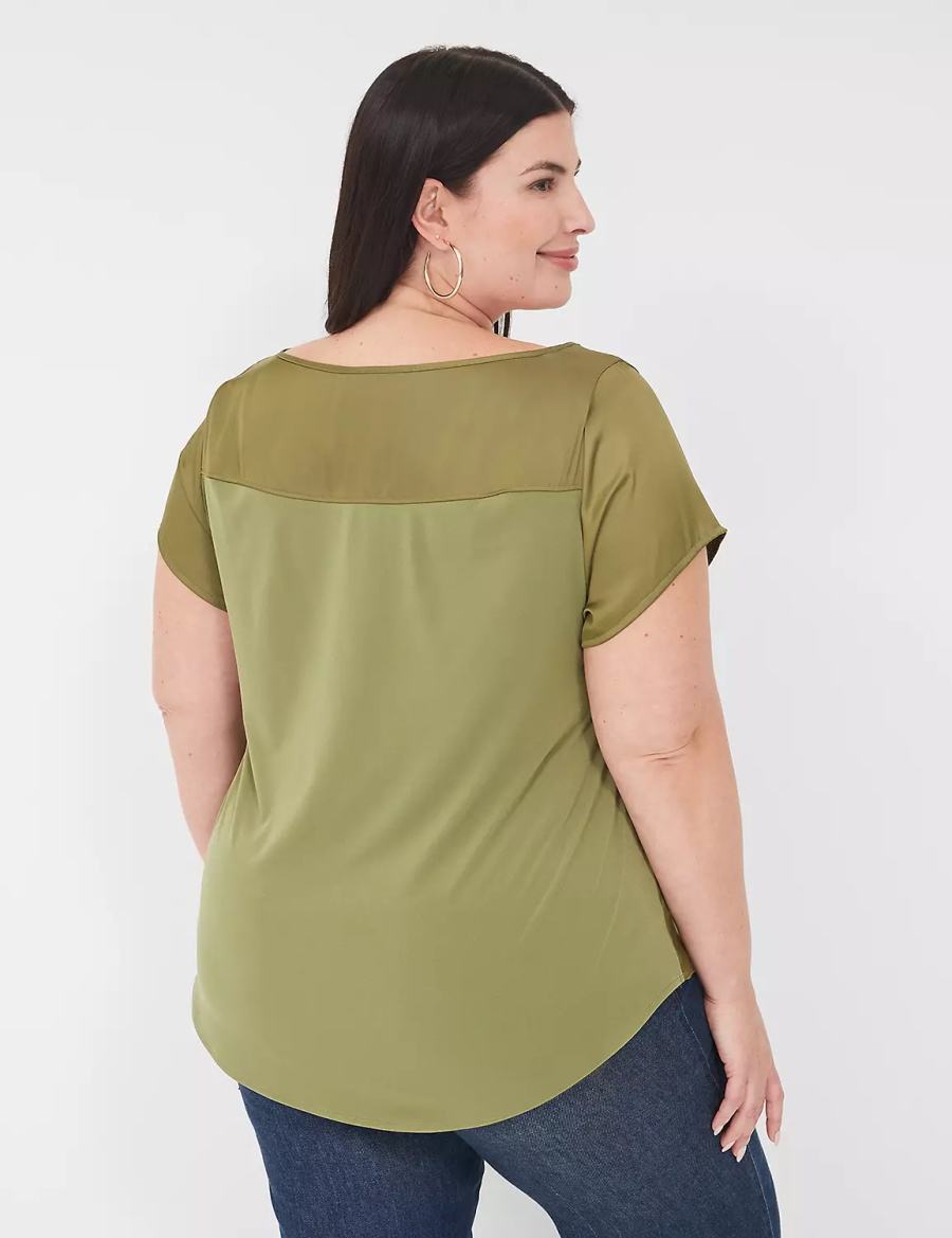 Lane Bryant Crew-Neck Satin & Knit Top Women T Shirts Green | PFL8763RG