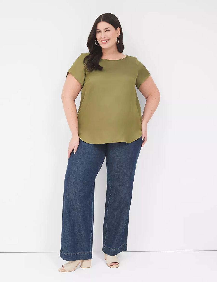 Lane Bryant Crew-Neck Satin & Knit Top Women T Shirts Green | PFL8763RG