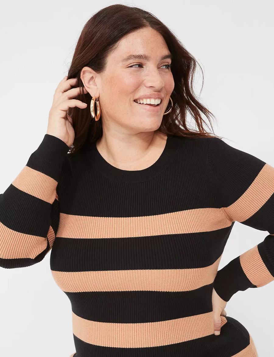 Lane Bryant Crew-Neck Stripe Sweater Women Knitted Dress Black | ELJ4924AM