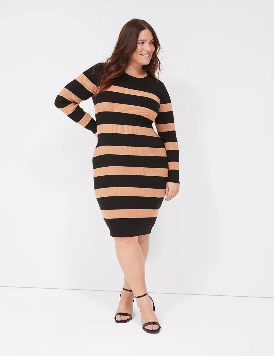 Lane Bryant Crew-Neck Stripe Sweater Women Knitted Dress Black | ELJ4924AM