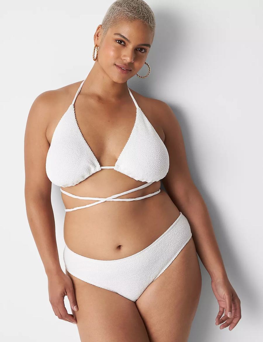 Lane Bryant Crinkle Dipped Tanga Swim Women Bikini Bottom White | QDL7962WY