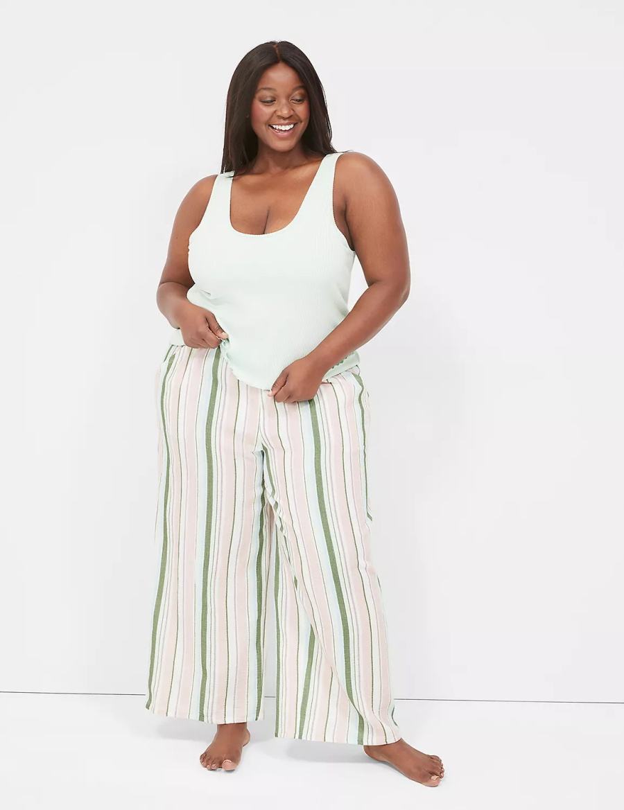 Lane Bryant Crinkle Woven Wide Leg Women Pants Green Multicolor Stripes | VTS1317XO