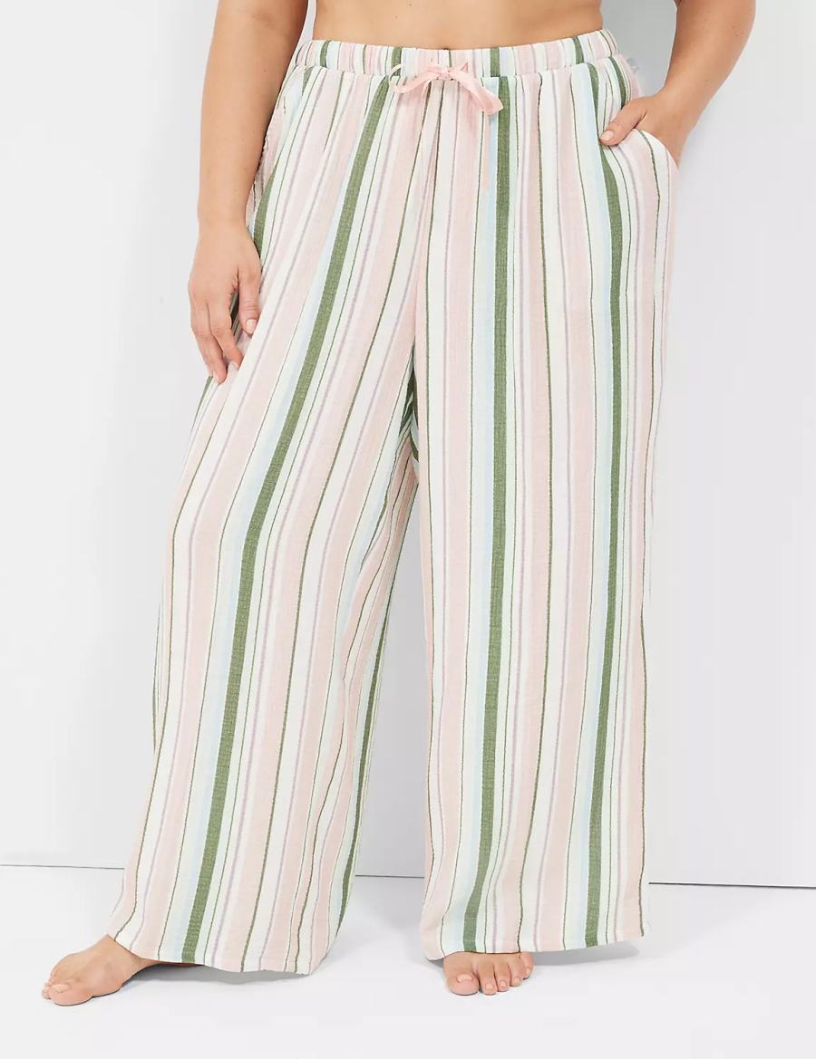 Lane Bryant Crinkle Woven Wide Leg Women Pants Green Multicolor Stripes | VTS1317XO