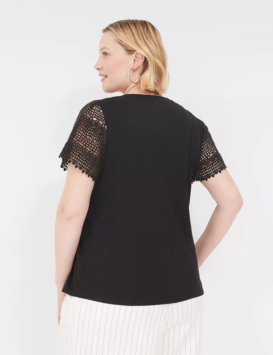 Lane Bryant Crochet-Sleeve Crew-Neck Tee Women T Shirts Black | BWQ424ZP