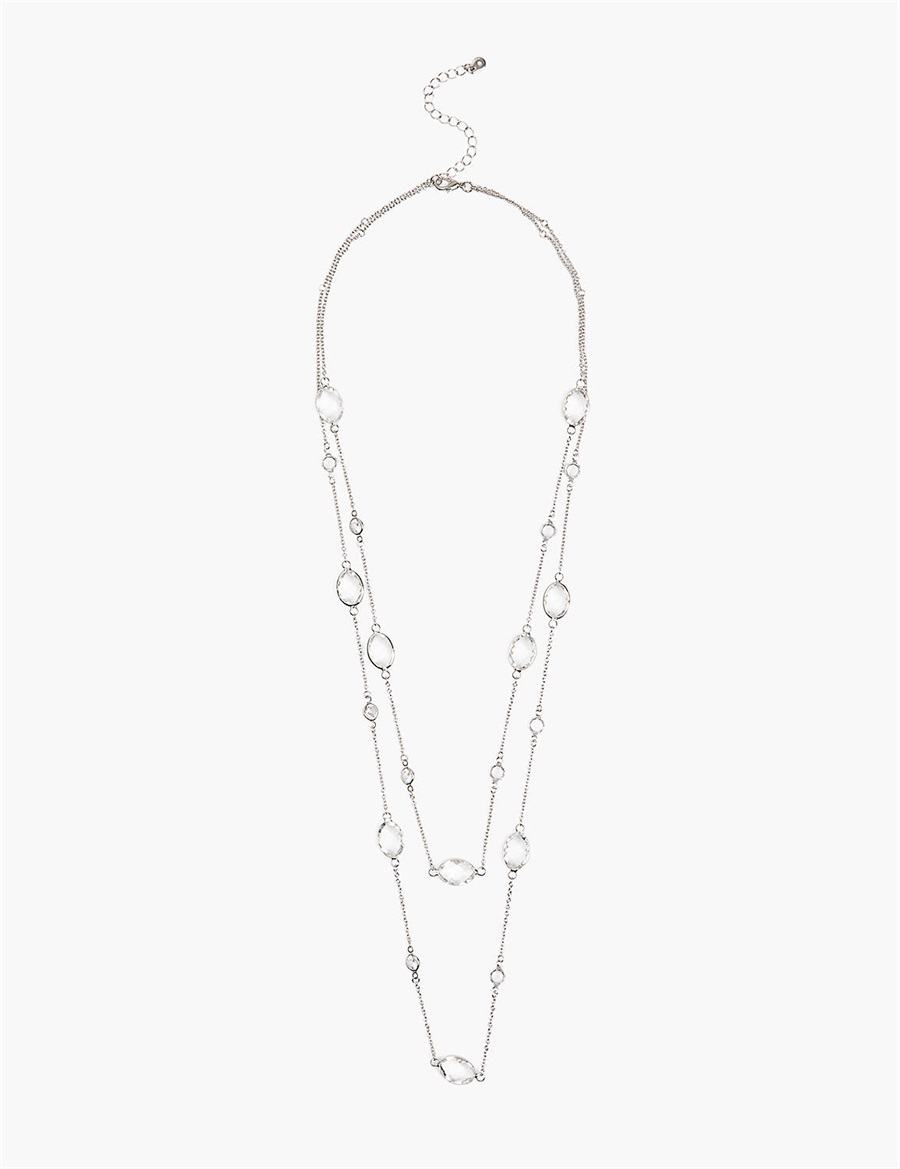 Lane Bryant Crystal Station Layered Women Chain Necklace Silver | DZE5882RB