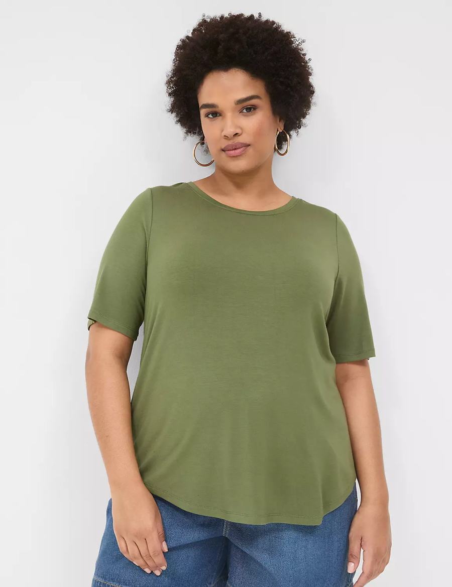 Lane Bryant Curved-Hem Perfect Sleeve Tee Women T Shirts Brown Green | GQF8256CL