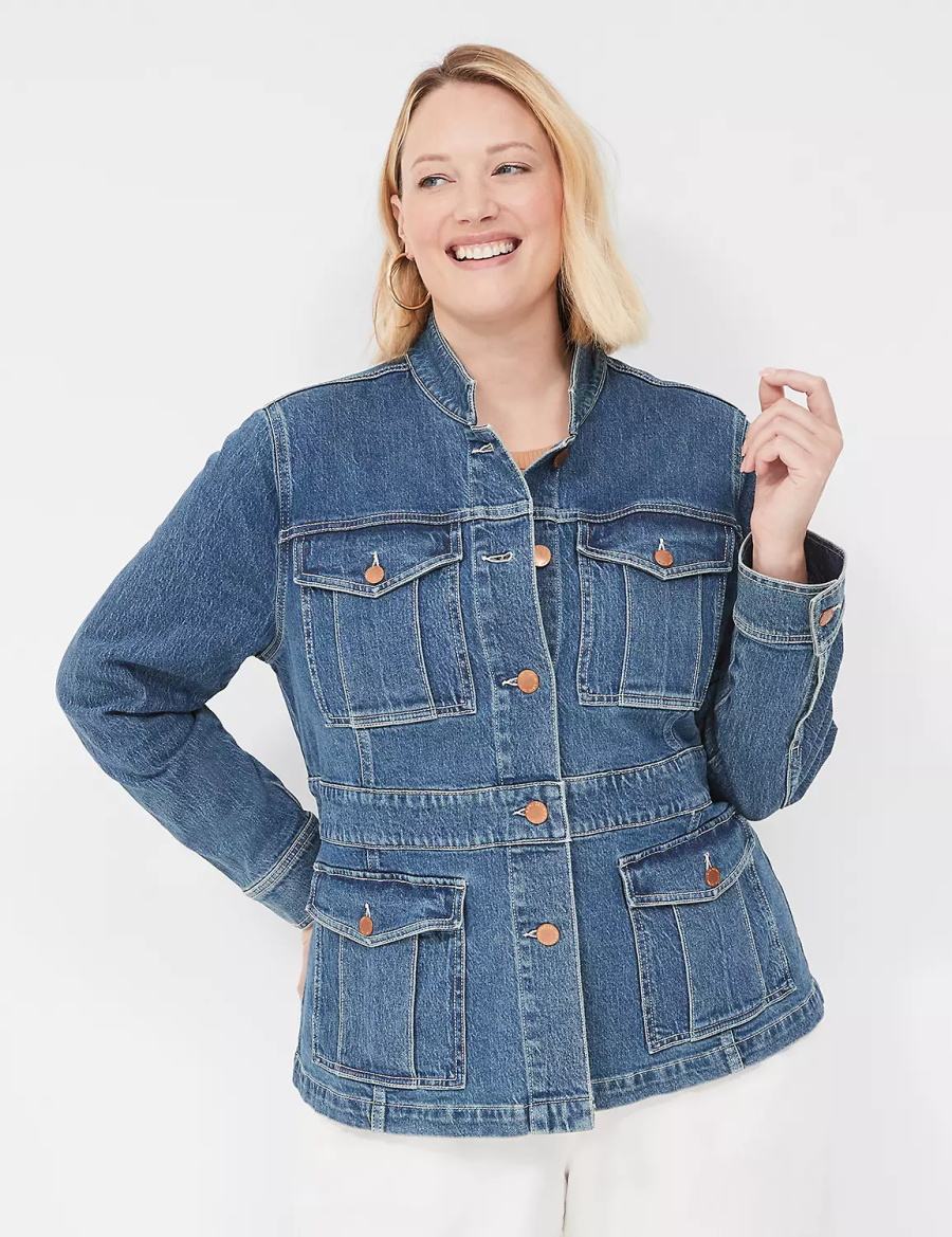 Lane Bryant Denim Banded-Waist Utility Women Jackets Dark Blue | FJI1653XX