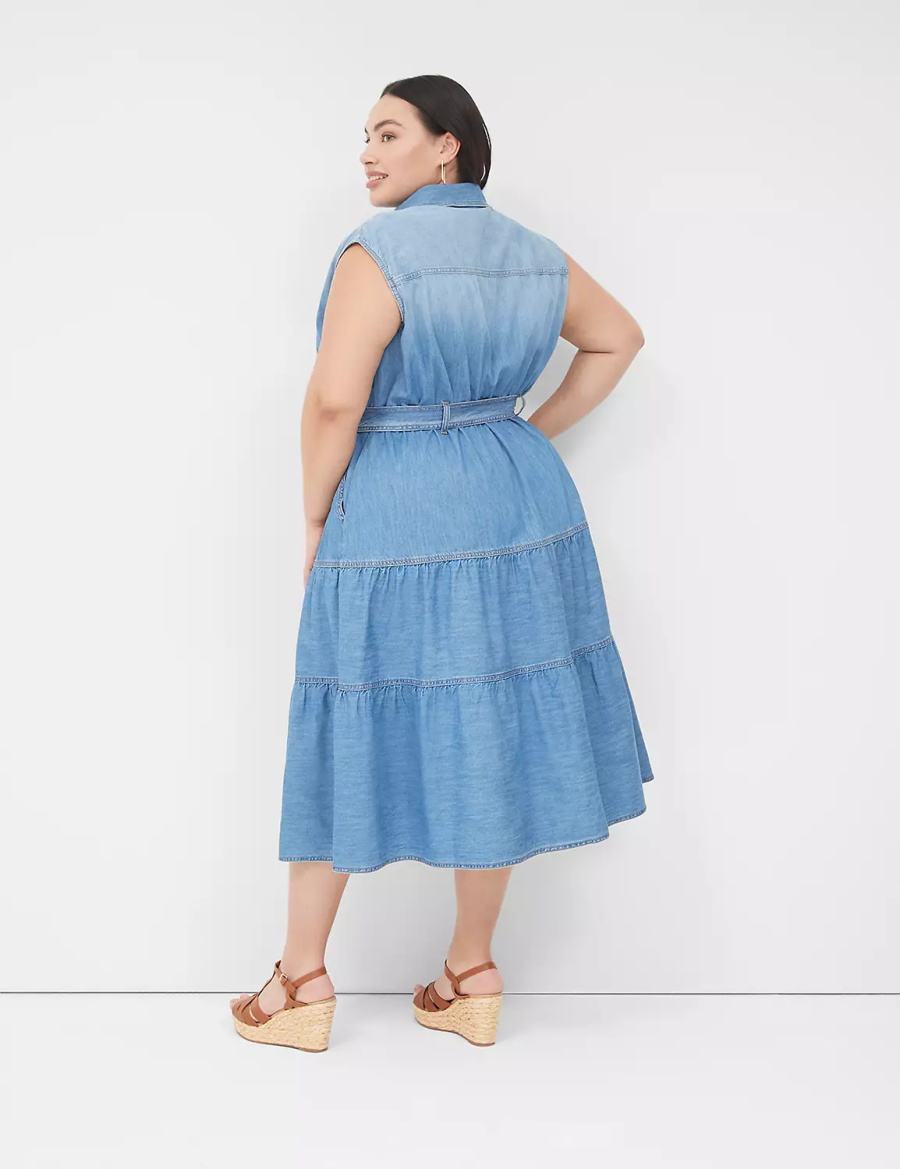 Lane Bryant Denim Tiered Women Midi Dress Blue | RQC1454QV