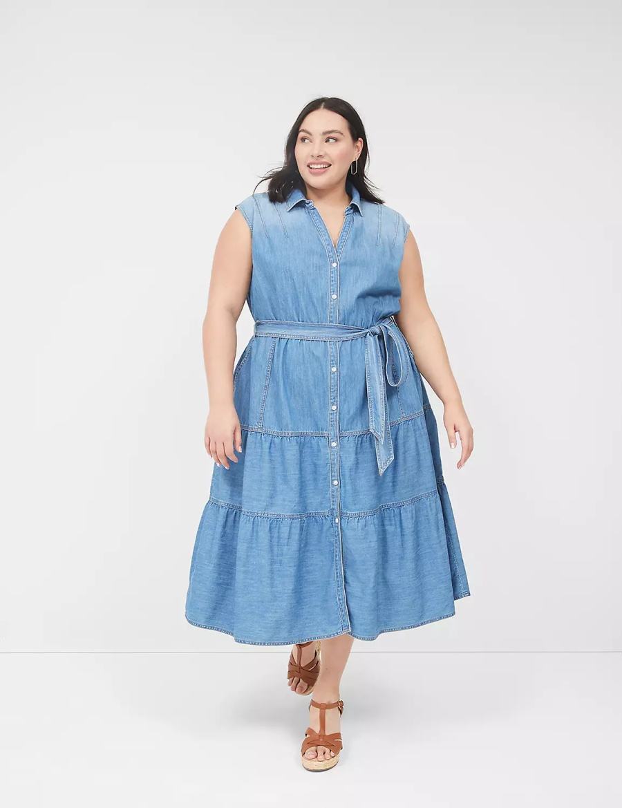 Lane Bryant Denim Tiered Women Midi Dress Blue | RQC1454QV