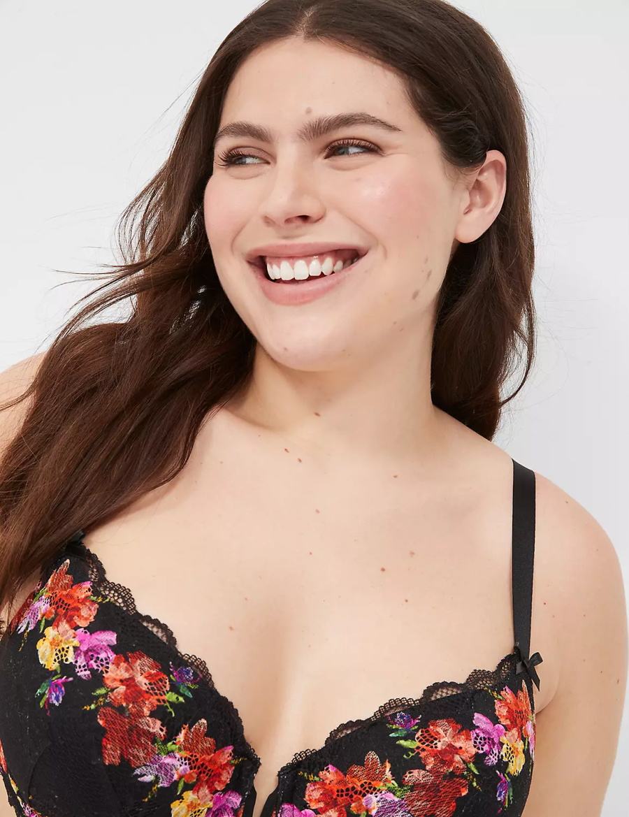 Lane Bryant Digital Print Lace Lightly Lined V-Wire Women Bralettes Black | FRV8156NT