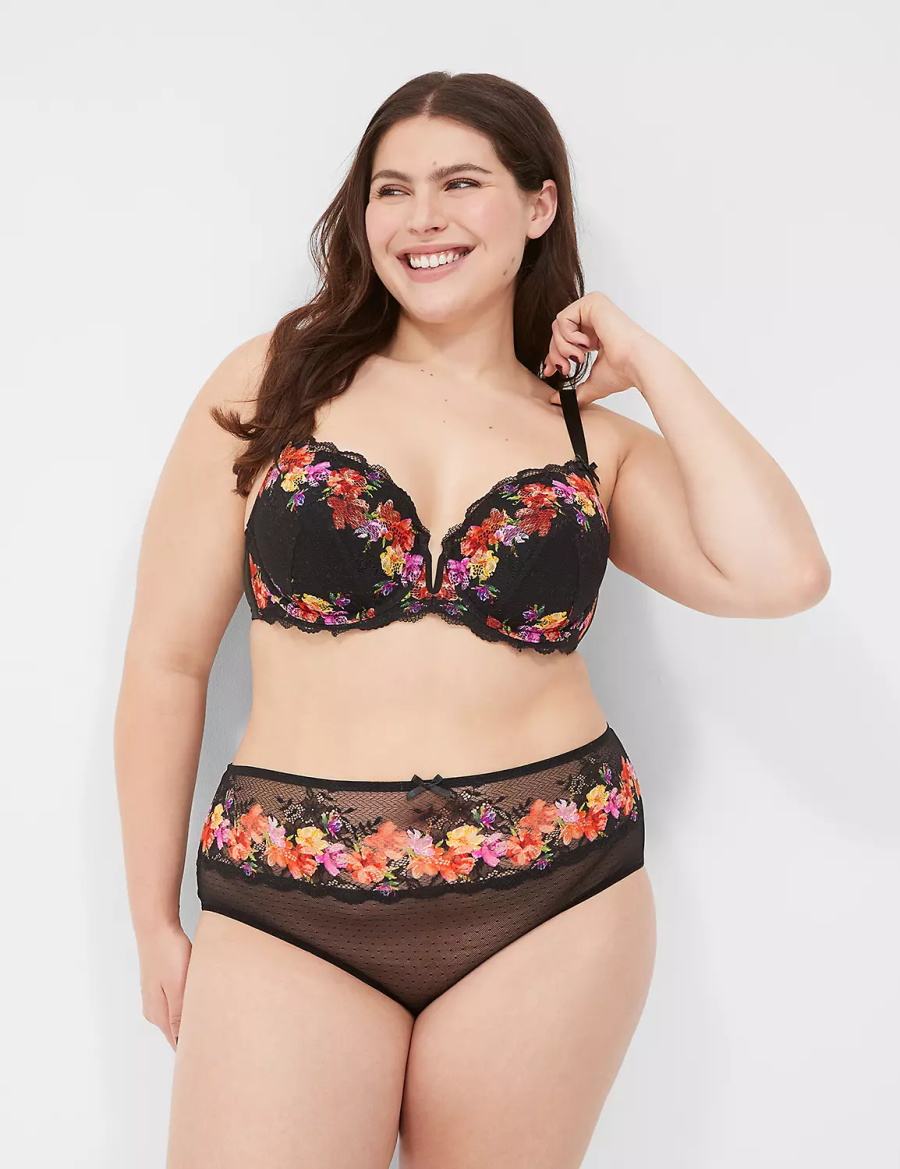 Lane Bryant Digital Print Lace Lightly Lined V-Wire Women Bralettes Black | FRV8156NT