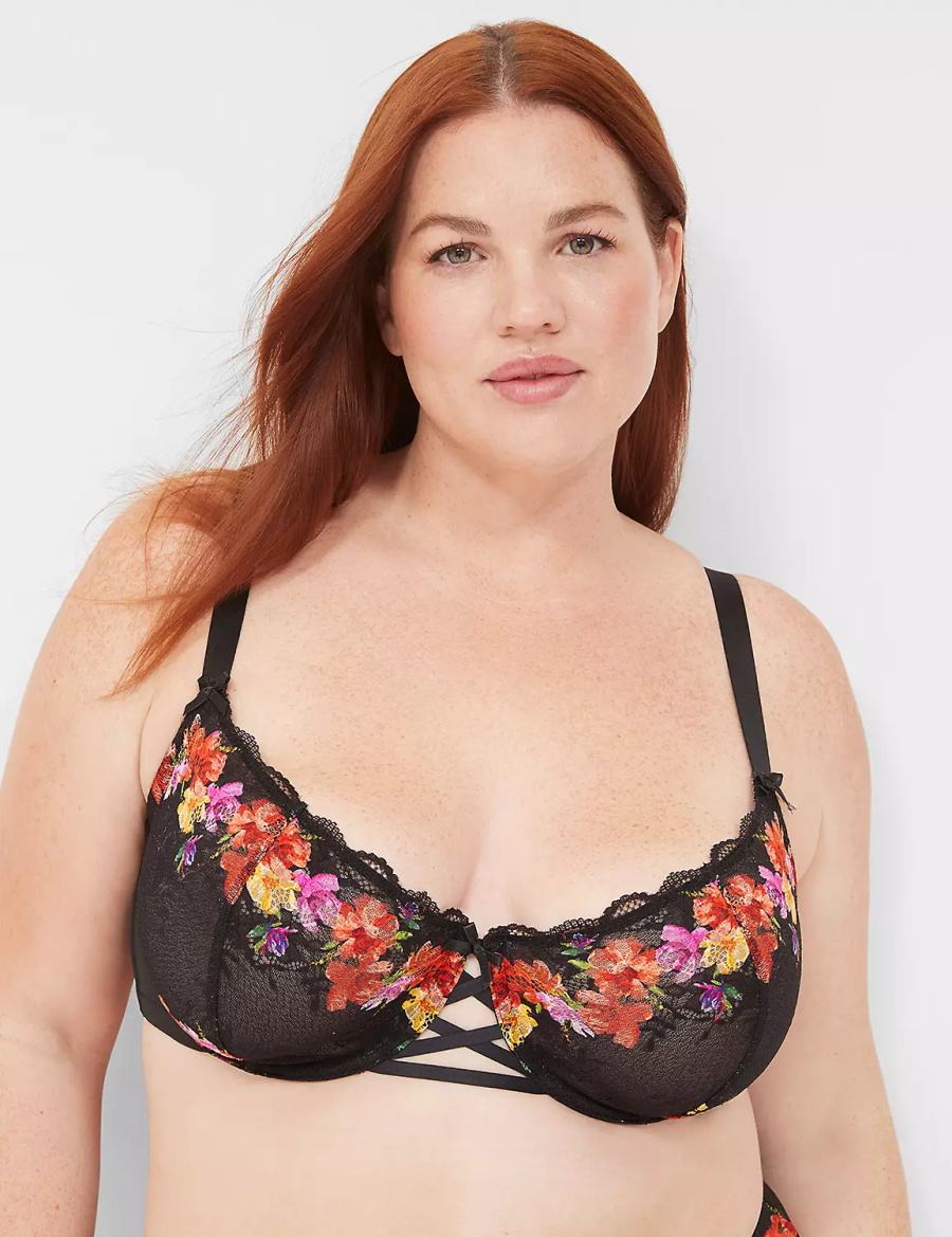 Lane Bryant Digital Print Lace Unlined Women Balconette Bra Black | EQR7798IE