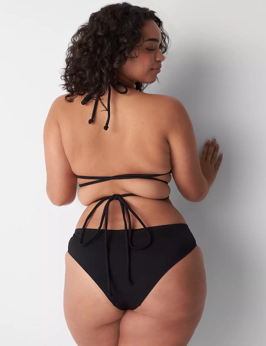 Lane Bryant Dipped Tanga Swim Women Bikini Bottom Black | GKU3799VL