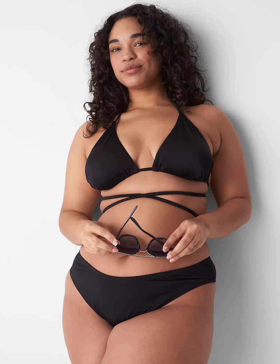 Lane Bryant Dipped Tanga Swim Women Bikini Bottom Black | GKU3799VL