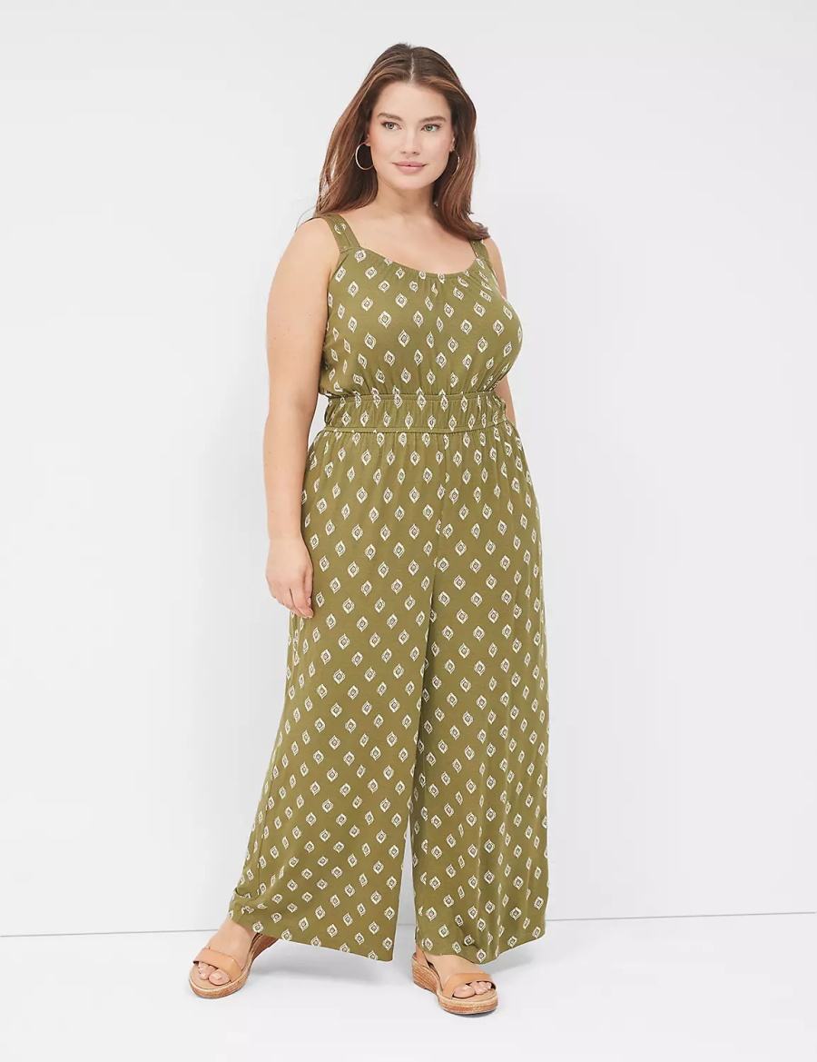 Lane Bryant Double Elastic-Waist Tank Women Jumpsuit Green | FSQ4847MF