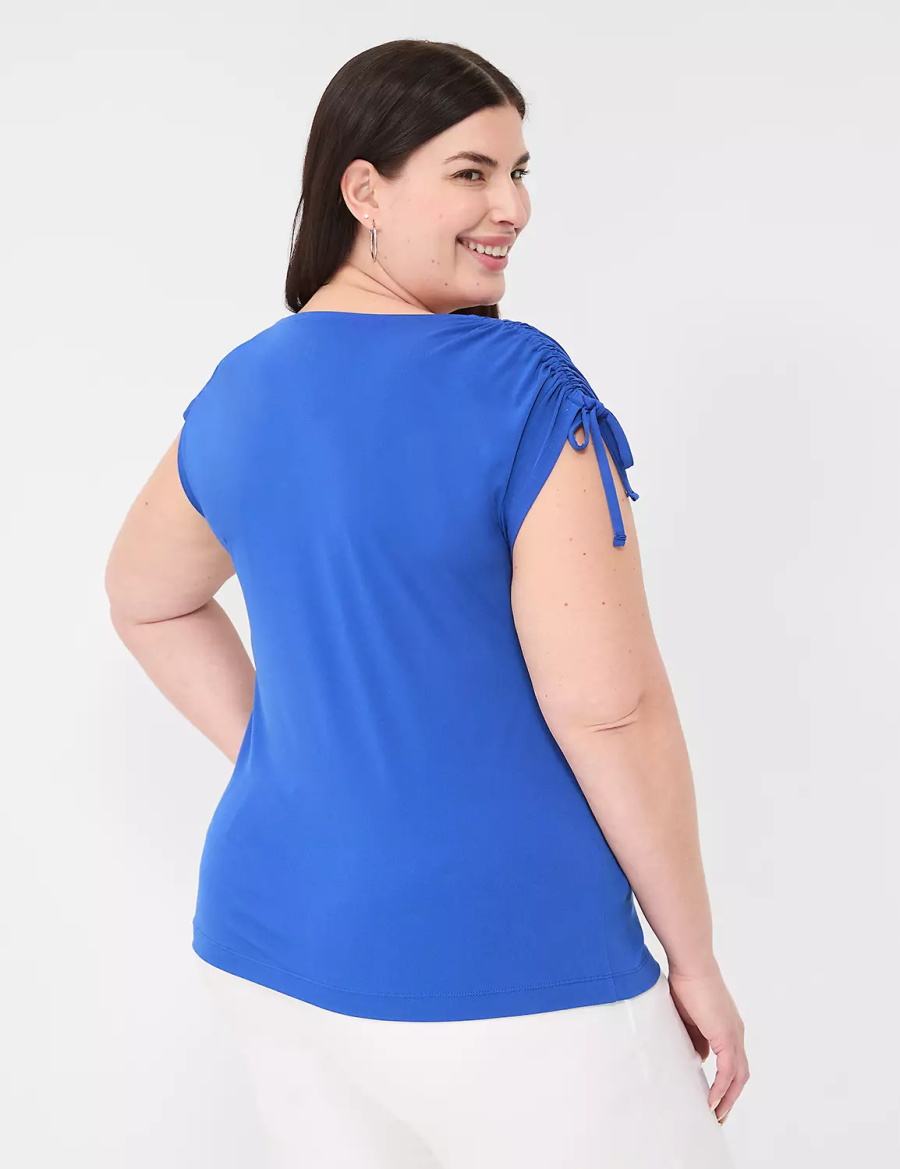 Lane Bryant Drawcord Cap-Sleeve Drape-Neck Top Women T Shirts Blue | UQQ431WL