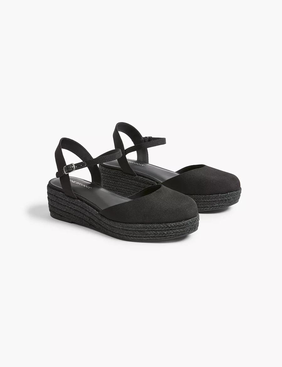 Lane Bryant Dream Cloud Ankle-Strap Espadrille Women Wedge Sandals Black | DLC6392YH