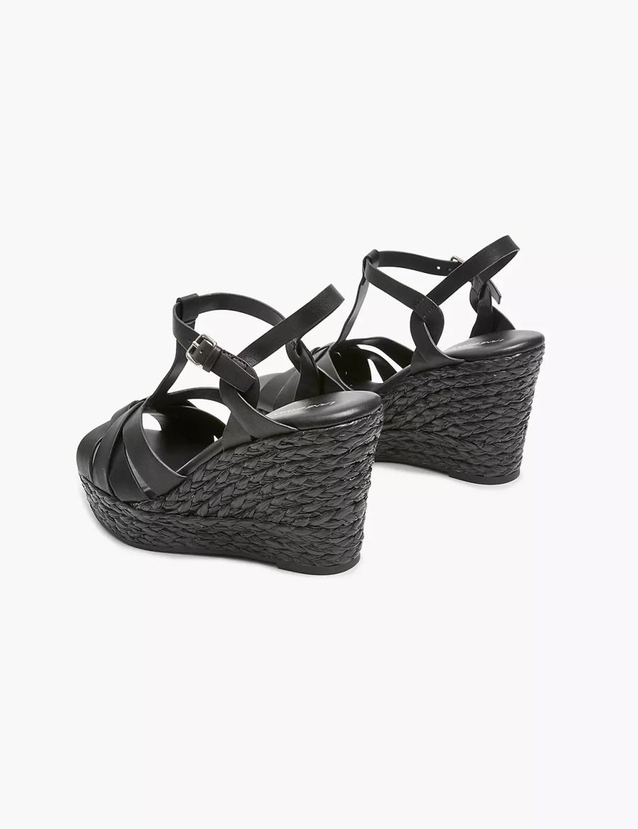 Lane Bryant Dream Cloud Faux-Leather T-Strap Espadrille Women Wedge Sandals Black | QTR5317OU