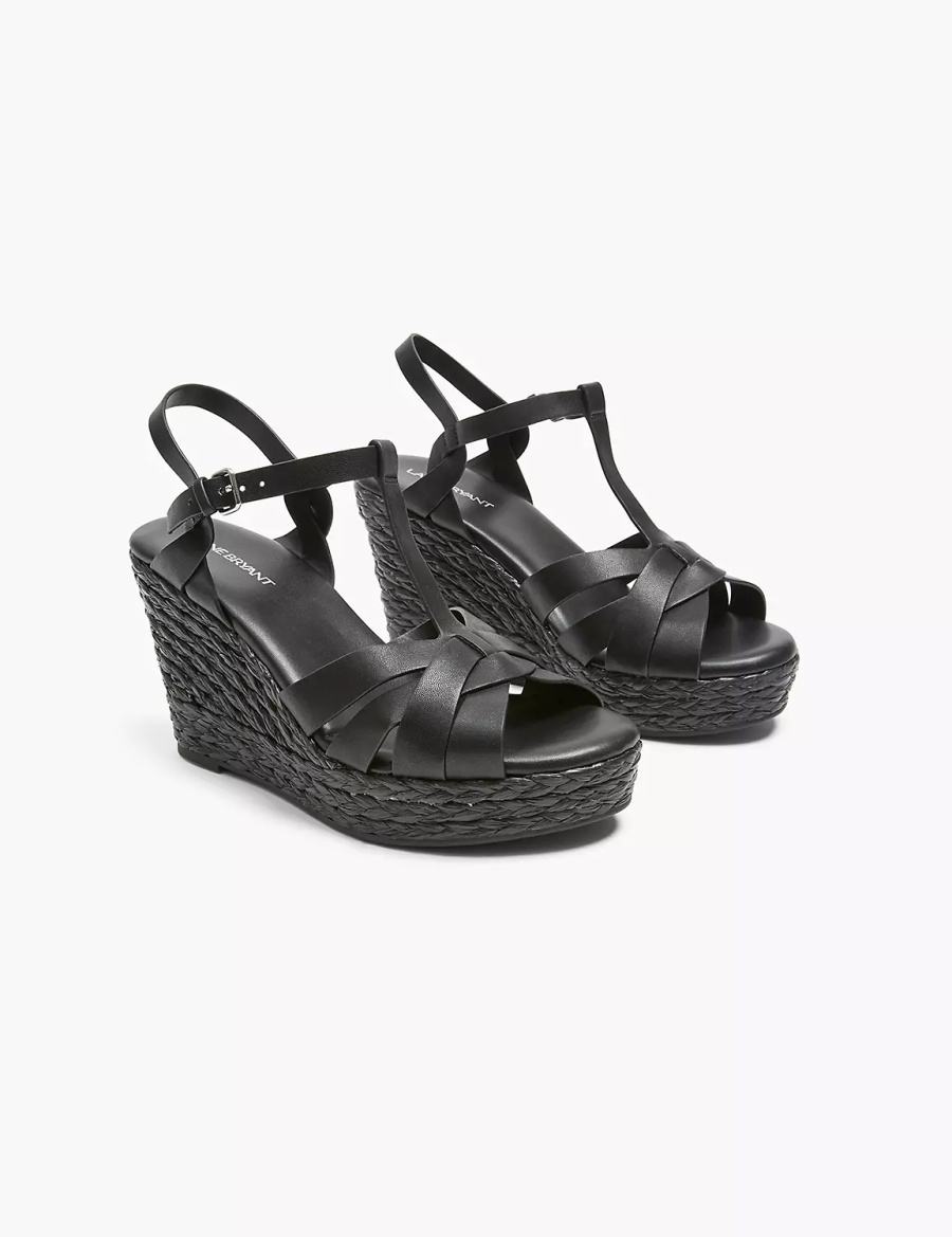 Lane Bryant Dream Cloud Faux-Leather T-Strap Espadrille Women Wedge Sandals Black | QTR5317OU