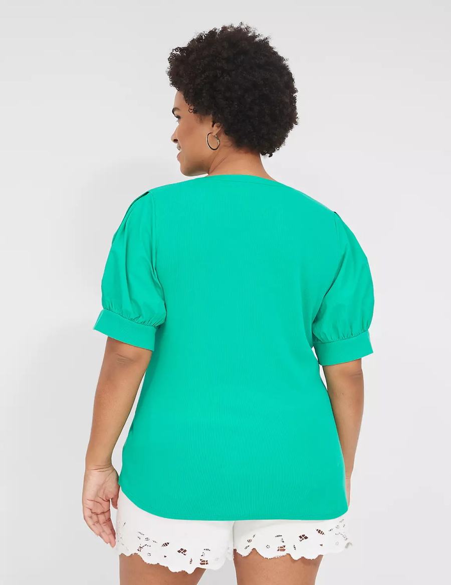 Lane Bryant Elbow-Sleeve Split-Neck Top Women T Shirts Turquoise | NUI3169TB