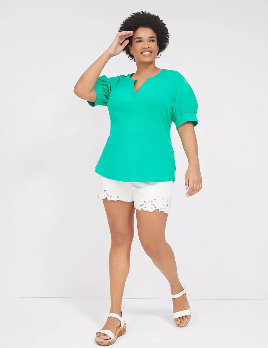 Lane Bryant Elbow-Sleeve Split-Neck Top Women T Shirts Turquoise | NUI3169TB