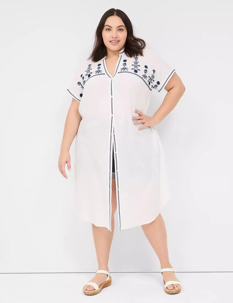 Lane Bryant Embroidered Cap-Sleeve Overpiece Women Robe White | HIZ3933GO