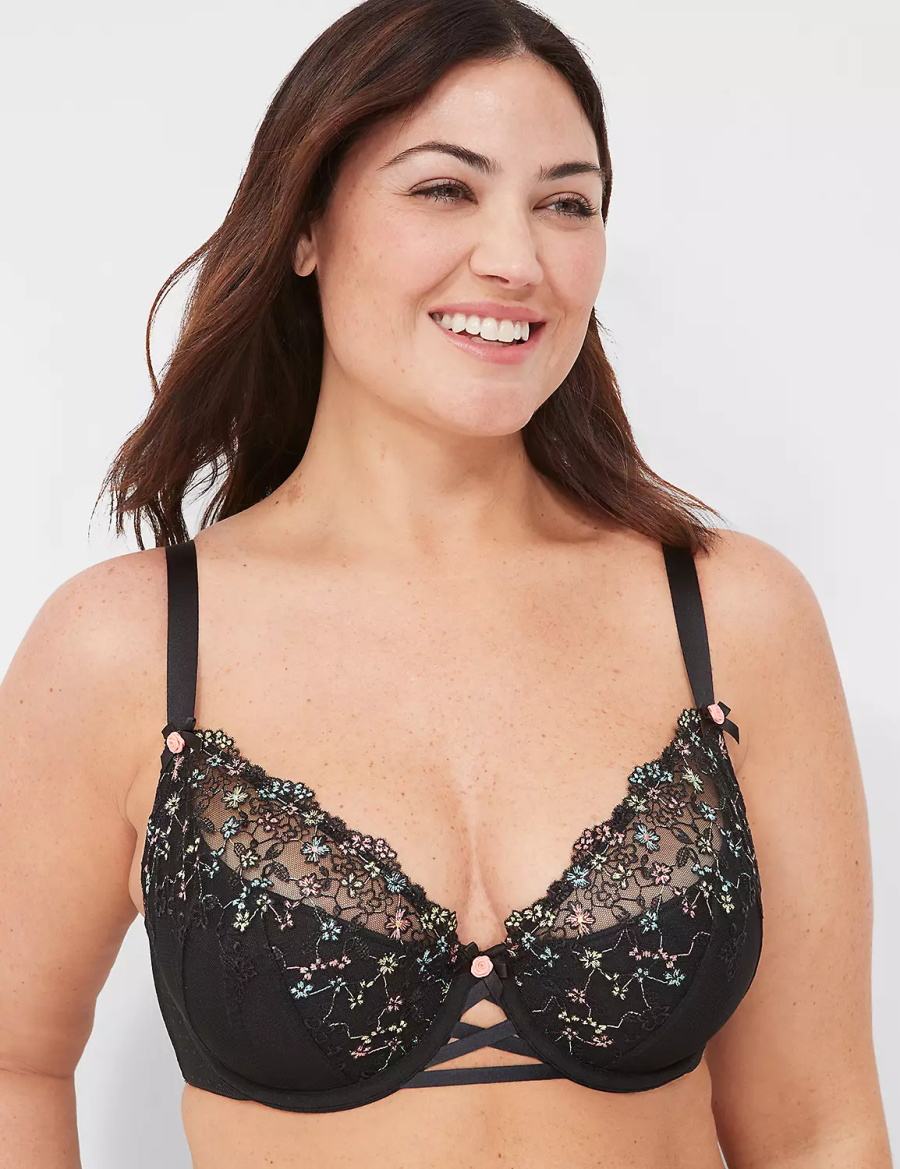 Lane Bryant Embroidered French Women Balconette Bra Black | IPM4166HF