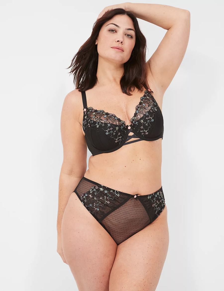 Lane Bryant Embroidered French Women Balconette Bra Black | IPM4166HF