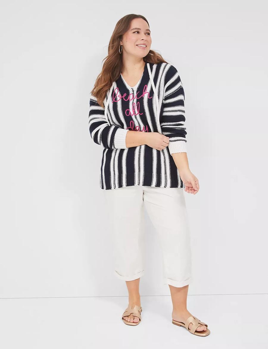 Lane Bryant Embroidered Hooded Pullover Women Sweaters Black White Stripes | RGP1546LY