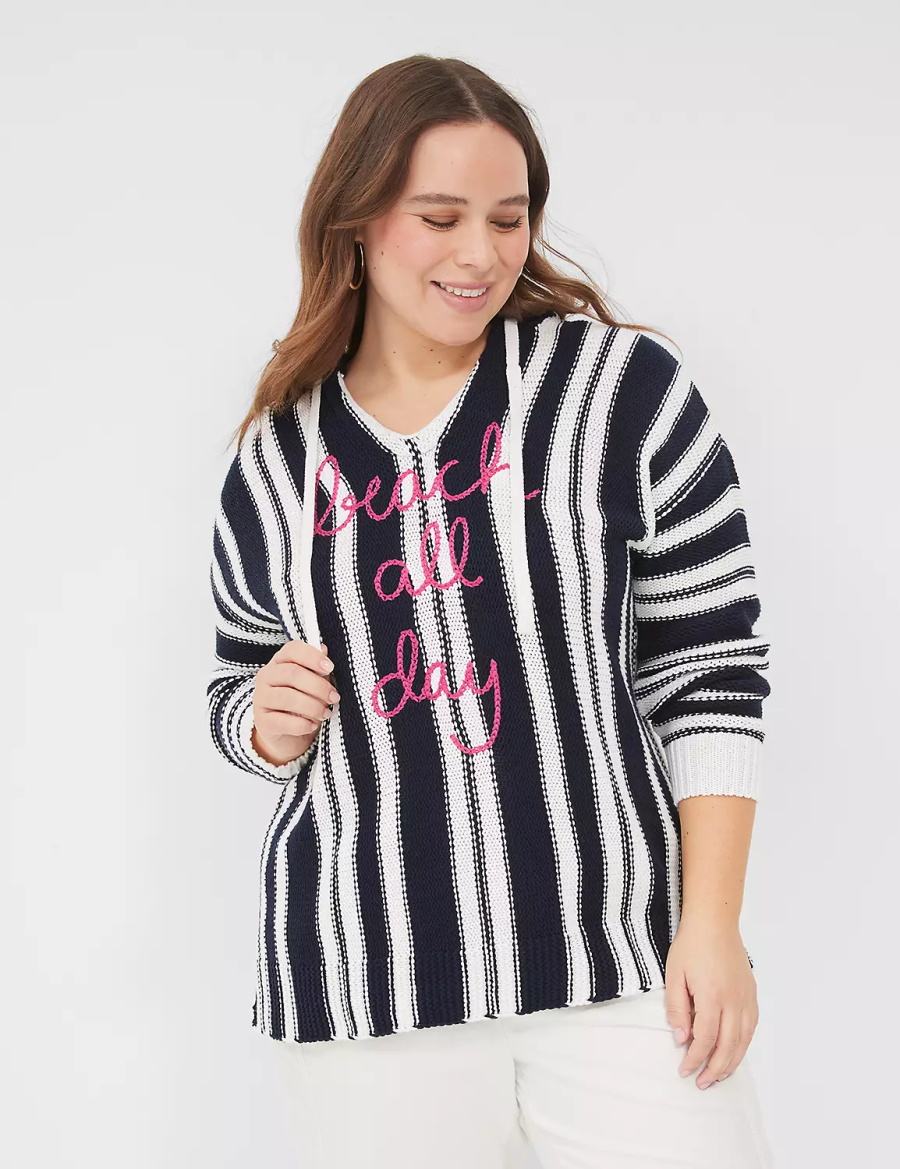 Lane Bryant Embroidered Hooded Pullover Women Sweaters Black White Stripes | RGP1546LY