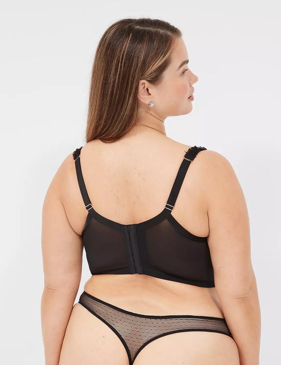 Lane Bryant Embroidered Ruffle-Trim Longline Boost Women Balconette Bra Black | ABN1369NG