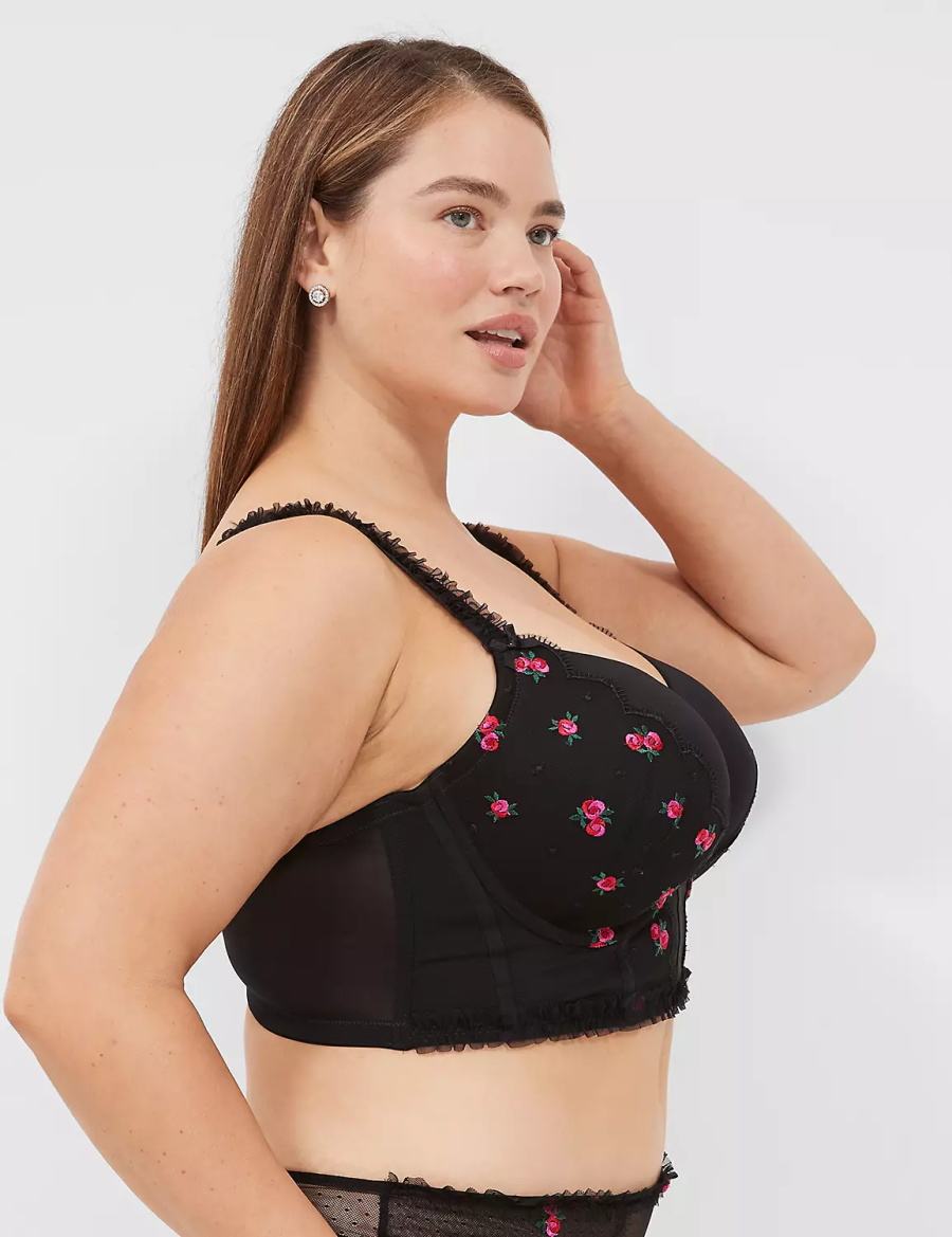 Lane Bryant Embroidered Ruffle-Trim Longline Boost Women Balconette Bra Black | ABN1369NG