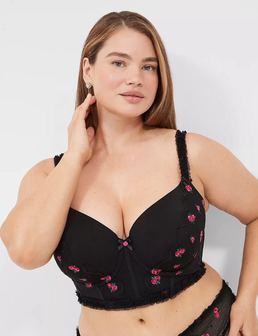 Lane Bryant Embroidered Ruffle-Trim Longline Boost Women Balconette Bra Black | ABN1369NG