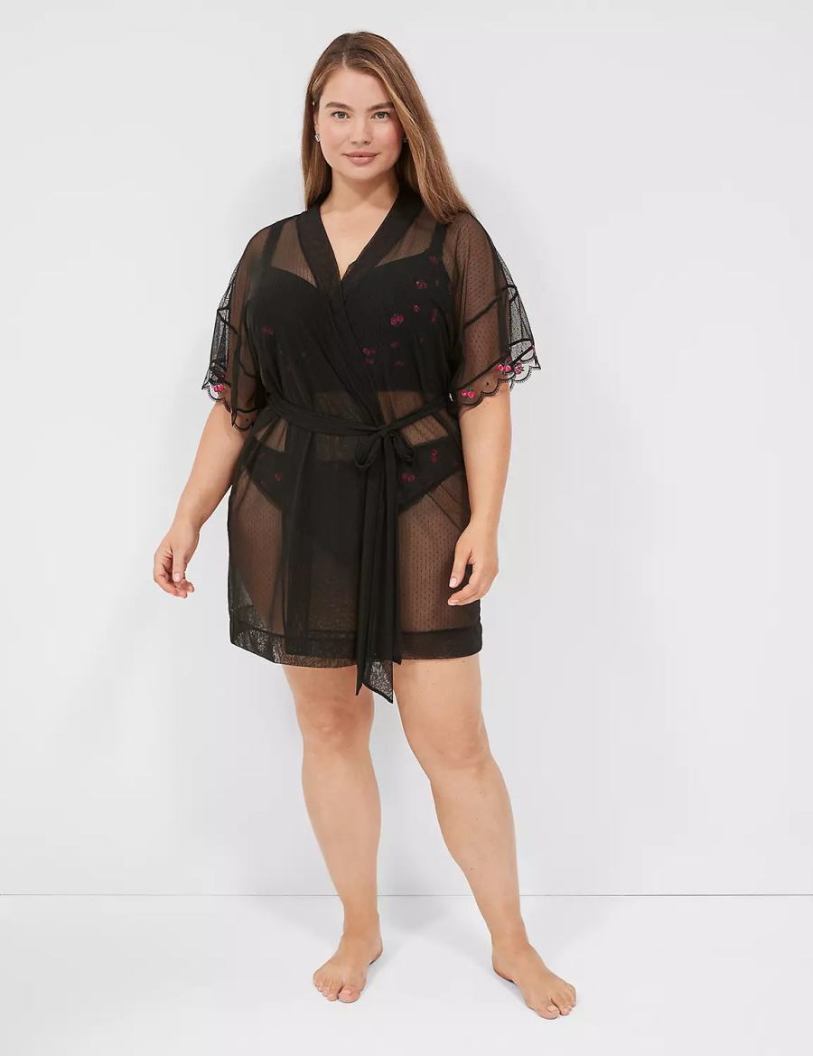 Lane Bryant Embroidered Trim Women Robe Black | TUA7781NV