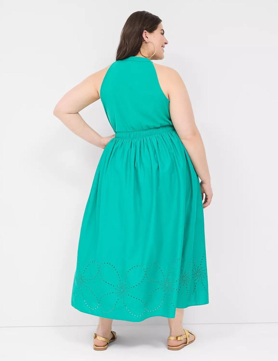 Lane Bryant Eyelet-Detail Split-Neck Women Maxi Dress Light Turquoise | YEG5384RE