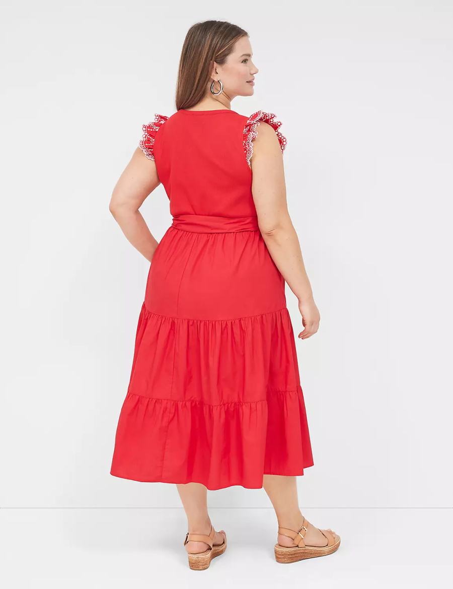 Lane Bryant Eyelet-Sleeveed Women Midi Dress Red | IXS9452KV