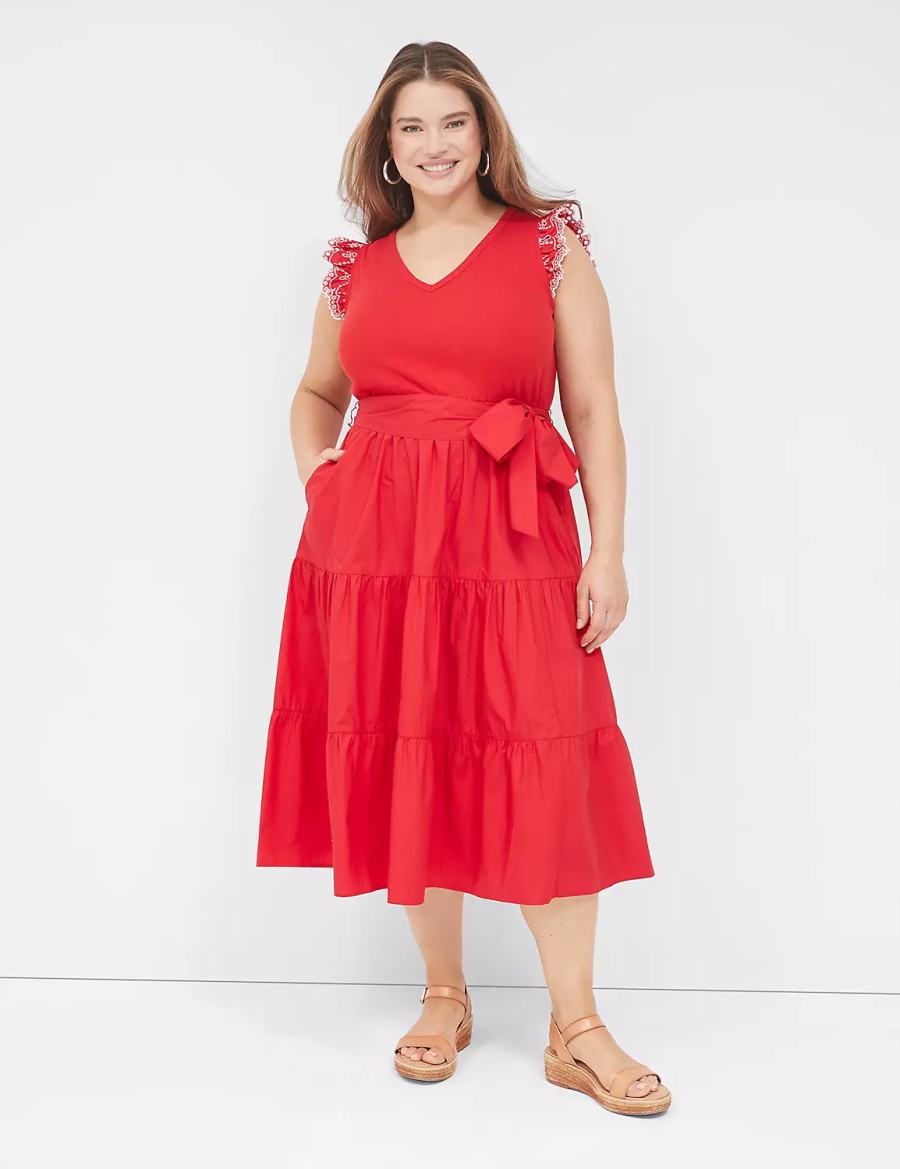 Lane Bryant Eyelet-Sleeveed Women Midi Dress Red | IXS9452KV