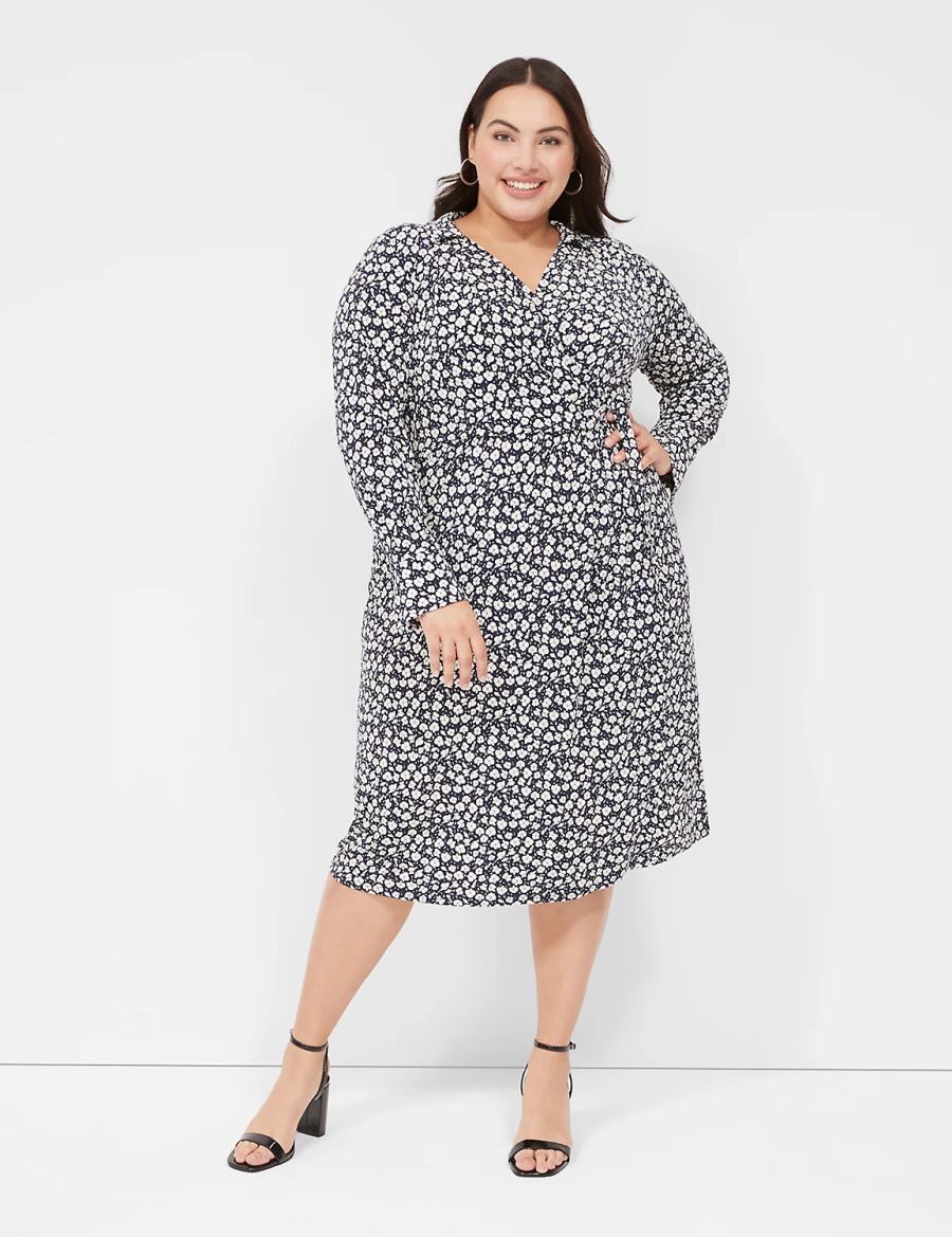 Lane Bryant Faux-Wrap Collar Jersey Women Midi Dress Navy | ZZG619BA