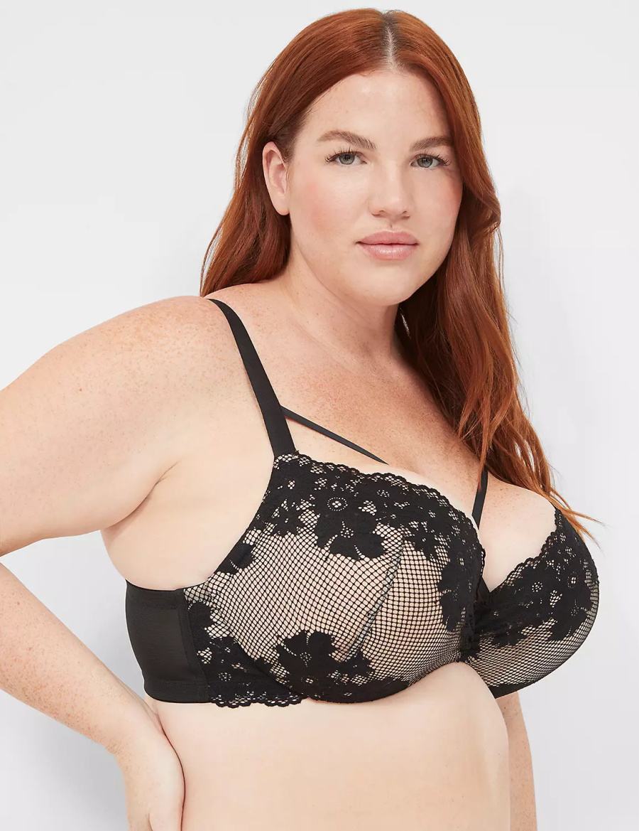 Lane Bryant Fishnet Lace Max Boost Plunge Women Bralettes Black | ZHE9264UD