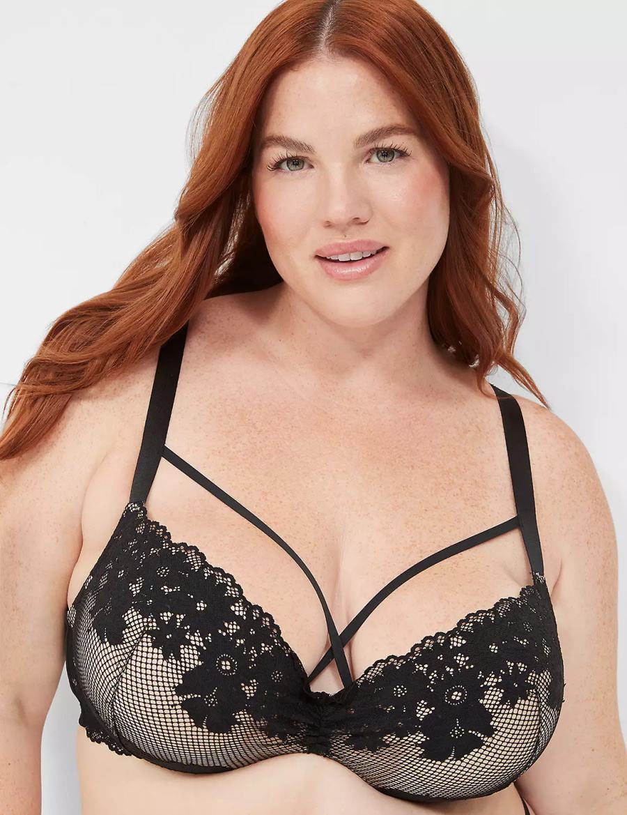 Lane Bryant Fishnet Lace Max Boost Plunge Women Bralettes Black | ZHE9264UD