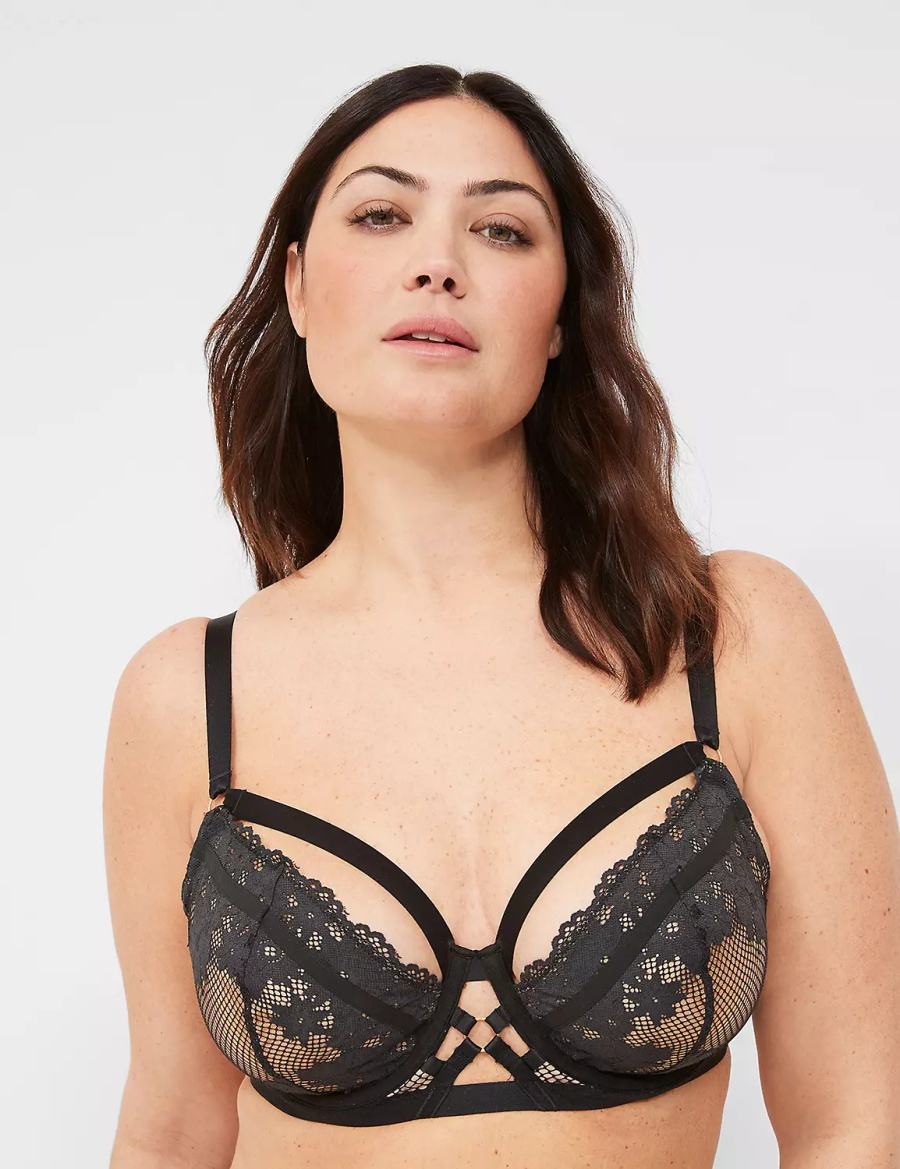 Lane Bryant Fishnet & Lace Unlined Women Balconette Bra Black | LCH6118XV