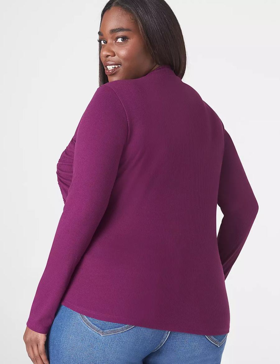 Lane Bryant Fitted Crop Mock-Neck Double-Drawcord Tee Women T Shirts Dark Purple | SGK1006UC