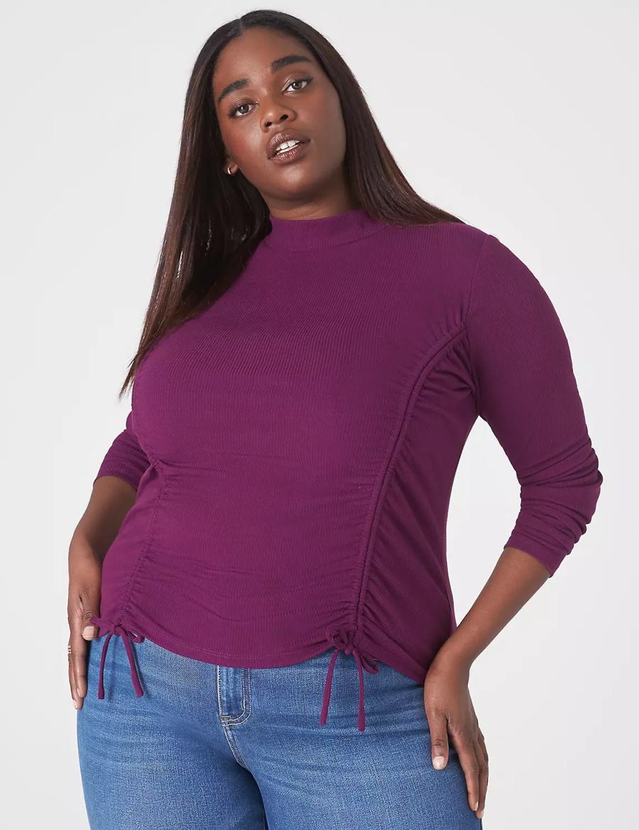 Lane Bryant Fitted Crop Mock-Neck Double-Drawcord Tee Women T Shirts Dark Purple | SGK1006UC