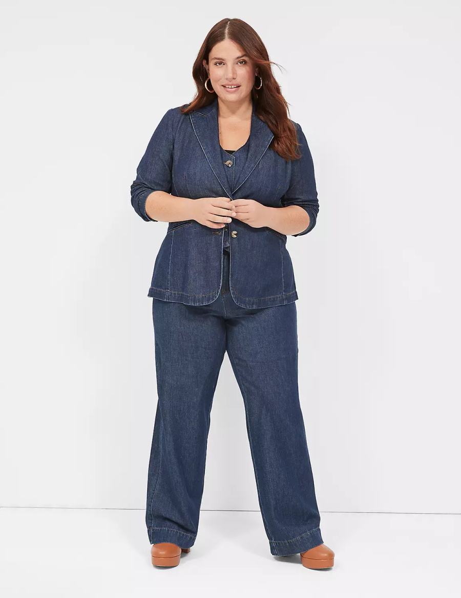 Lane Bryant Fitted Denim Women Blazers Dark Blue | YQL807JI