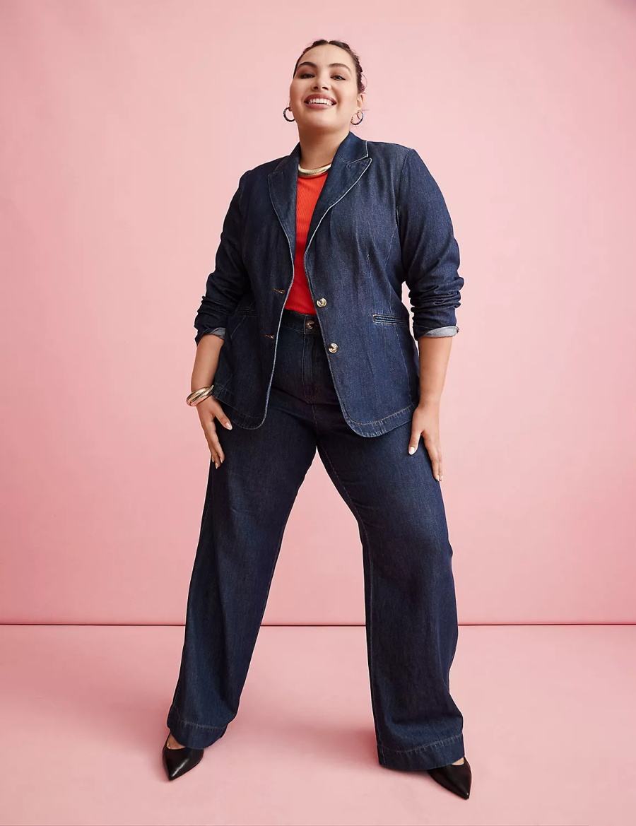 Lane Bryant Fitted Denim Women Blazers Dark Blue | YQL807JI